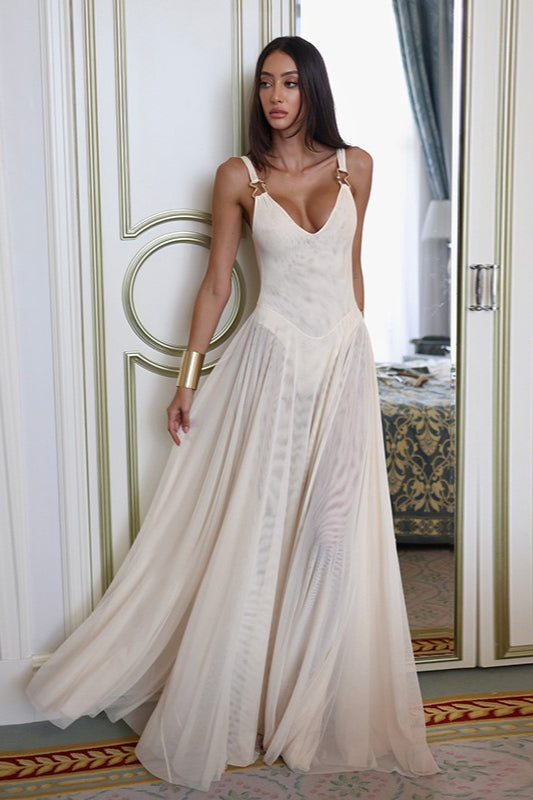Deep V-Neck Ring Strap Drop Waist Pleated Chiffon Maxi Gown