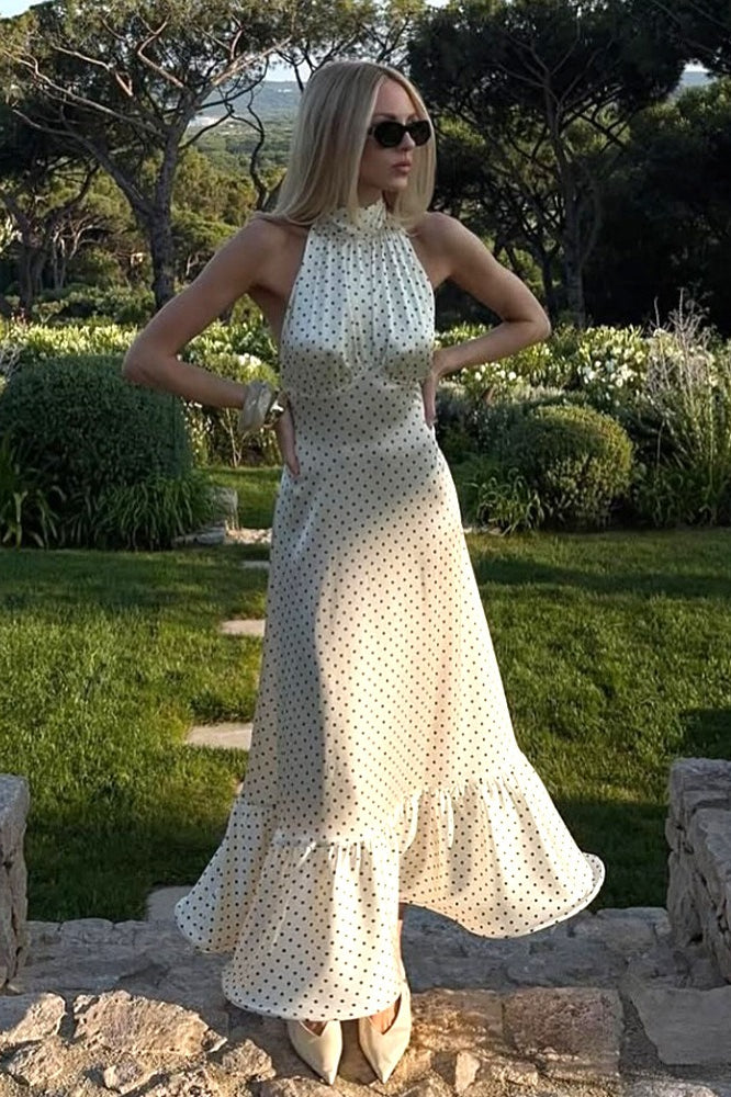 Polka Dot Backless Satin Maxi Dress - View 2