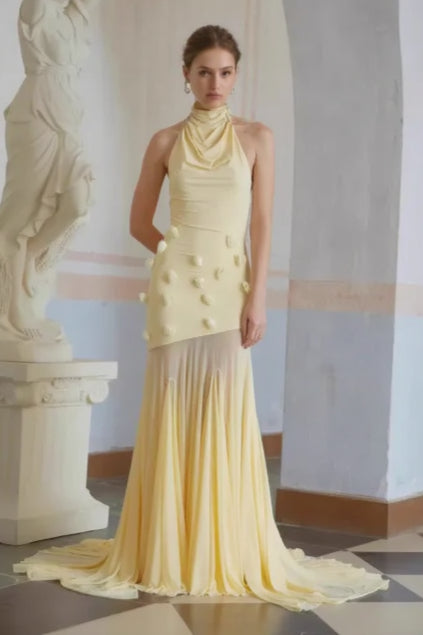 Backless Halter Paneled Flared Mermaid Party Dress