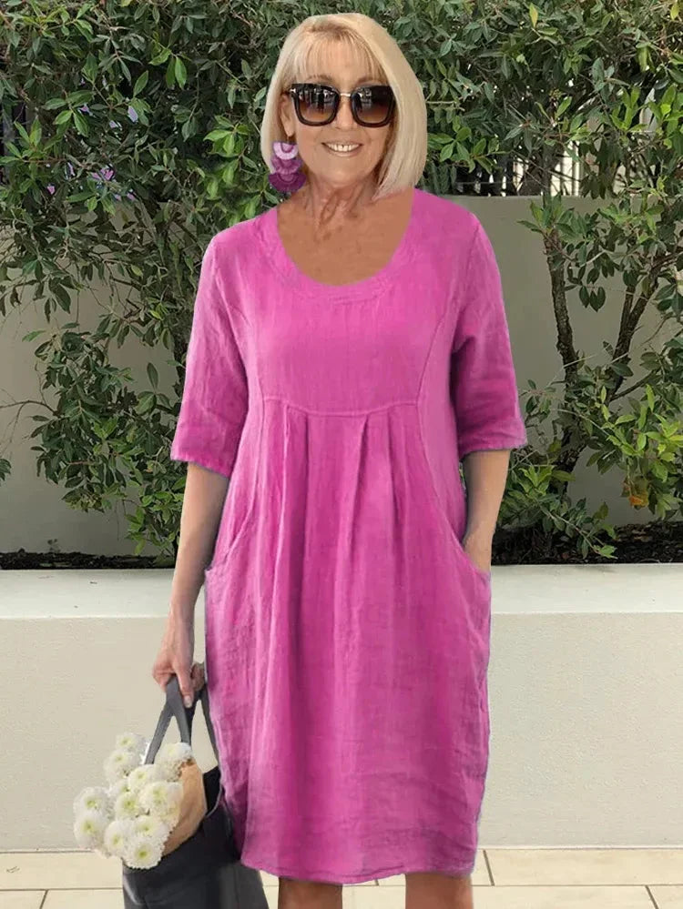 Linen Look Scoop Neck Pocket Knee Length Summer Shift Dress - View 3