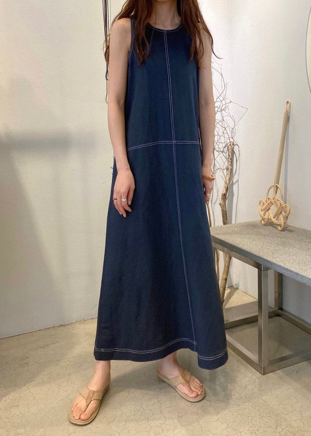 Contrast Topstitch Sleeveless Round Neck Shift Maxi Dress