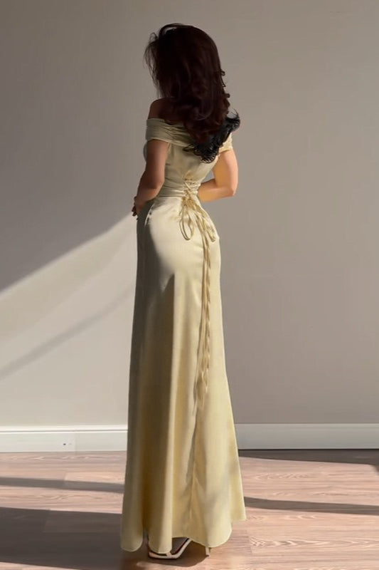 Satin Off Shoulder Ruched Bodycon Maxi Dress in Yellow - View 2