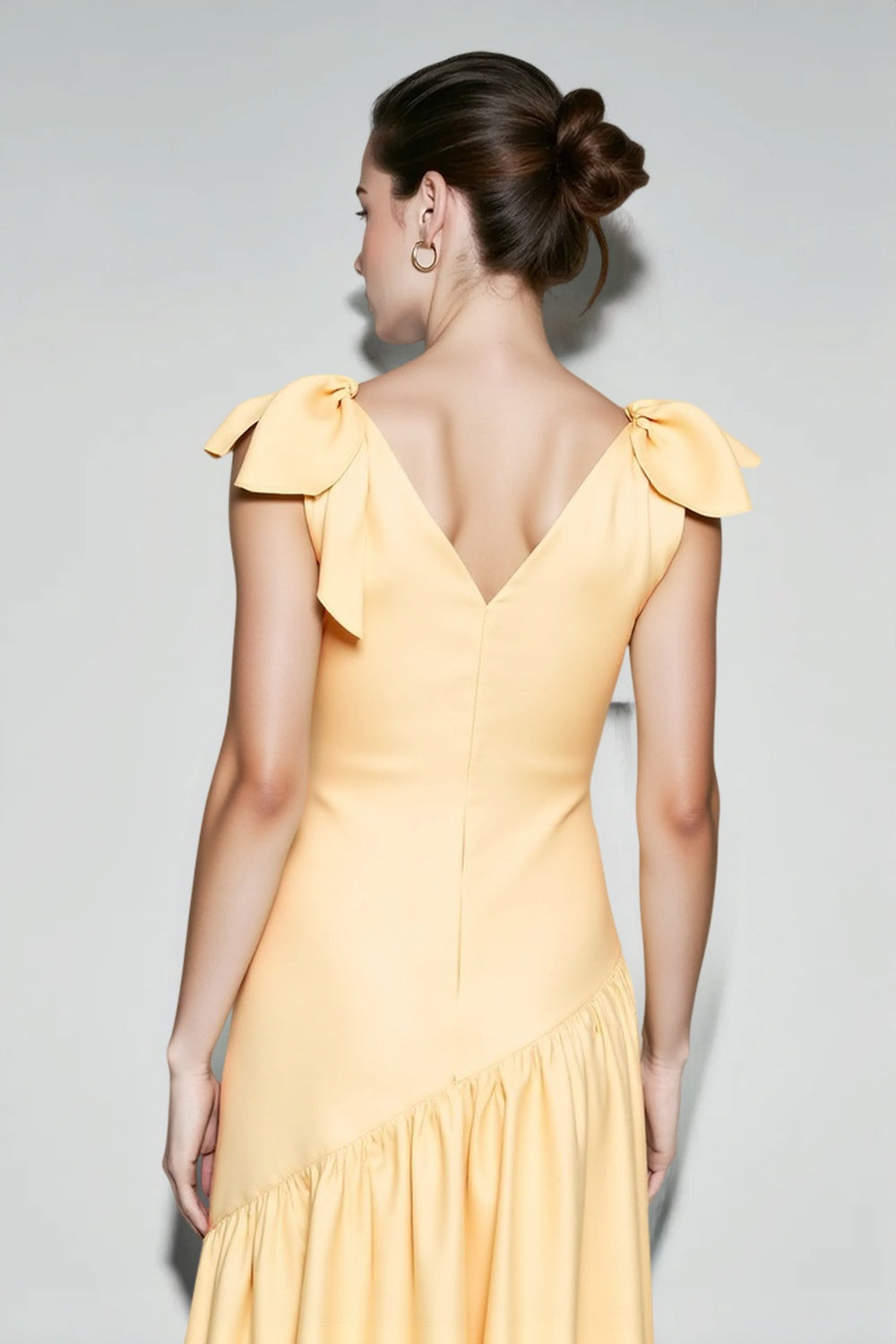V-Neck Bow Strap Gathered Asymmetric Drop Waist Maxi Gown - View 4