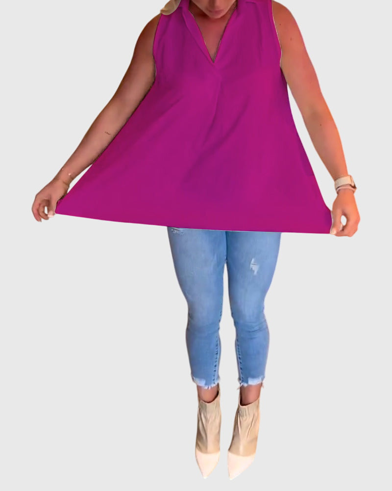 Collared Sleeveless High Low Blouse 16