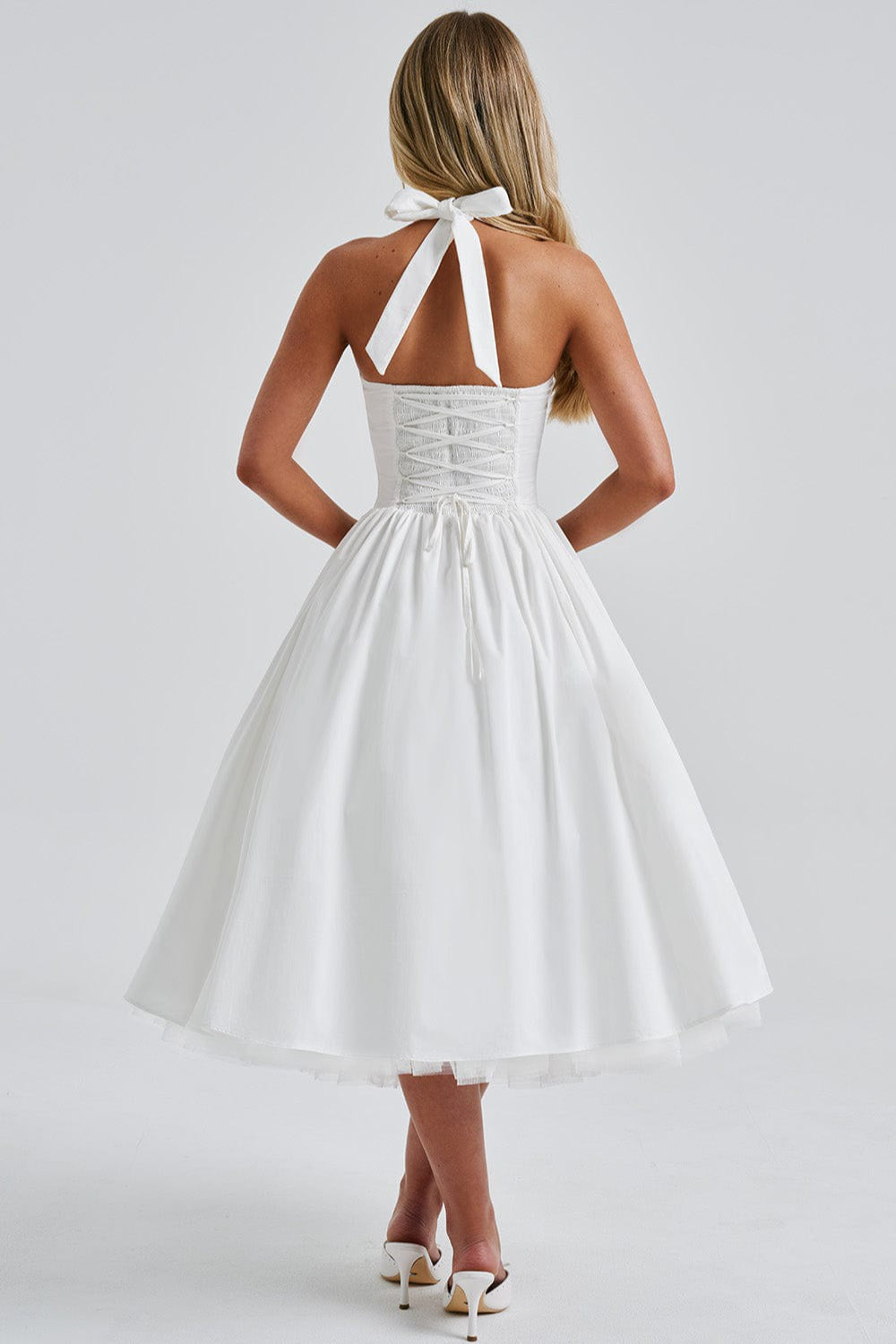 Halter Neck Basque Waist Pocket Gathered A-Line Midi Party Dress - View 4