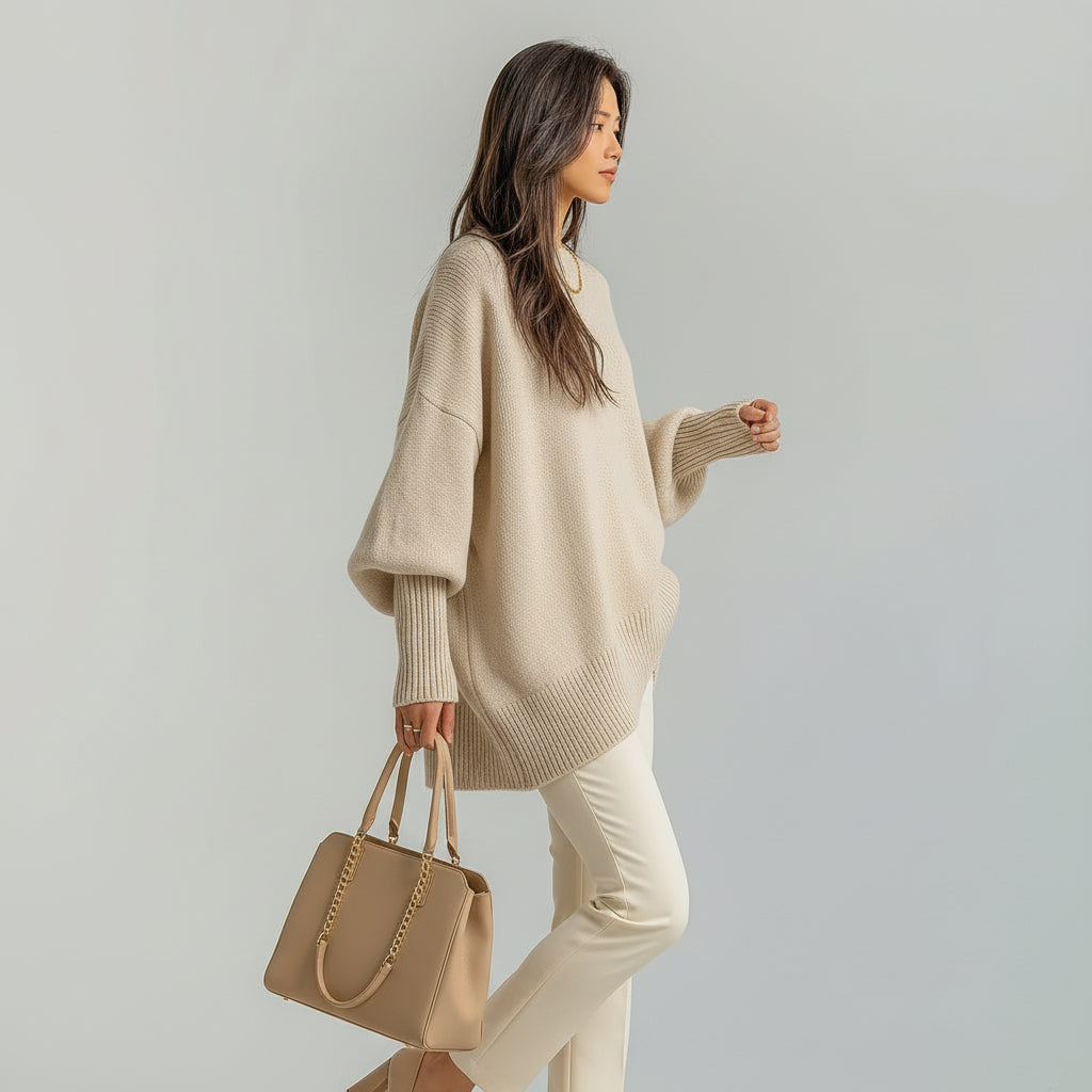 Mock Neck Oversized Asymmetric Hem Knit Sweater 8