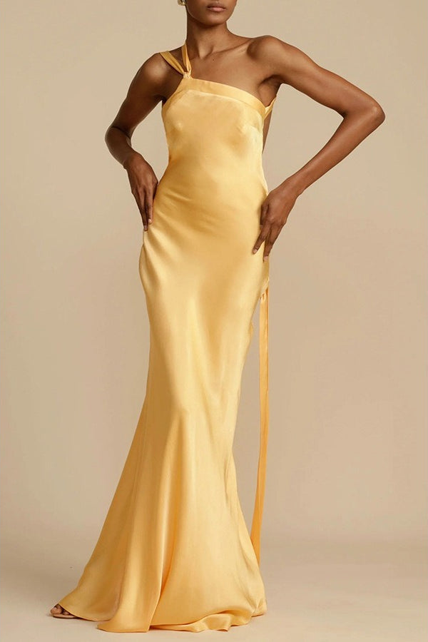 Satin One Shoulder Twisted Strap Mermaid Maxi Gown