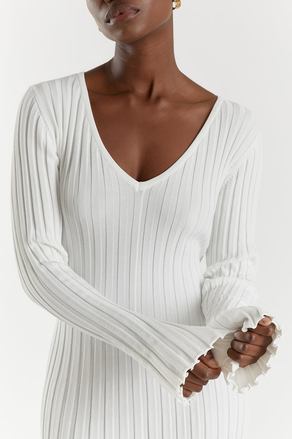 Rib Knit V-Neck Lettuce Hem Long Sleeve Bodycon Maxi Dress - View 3