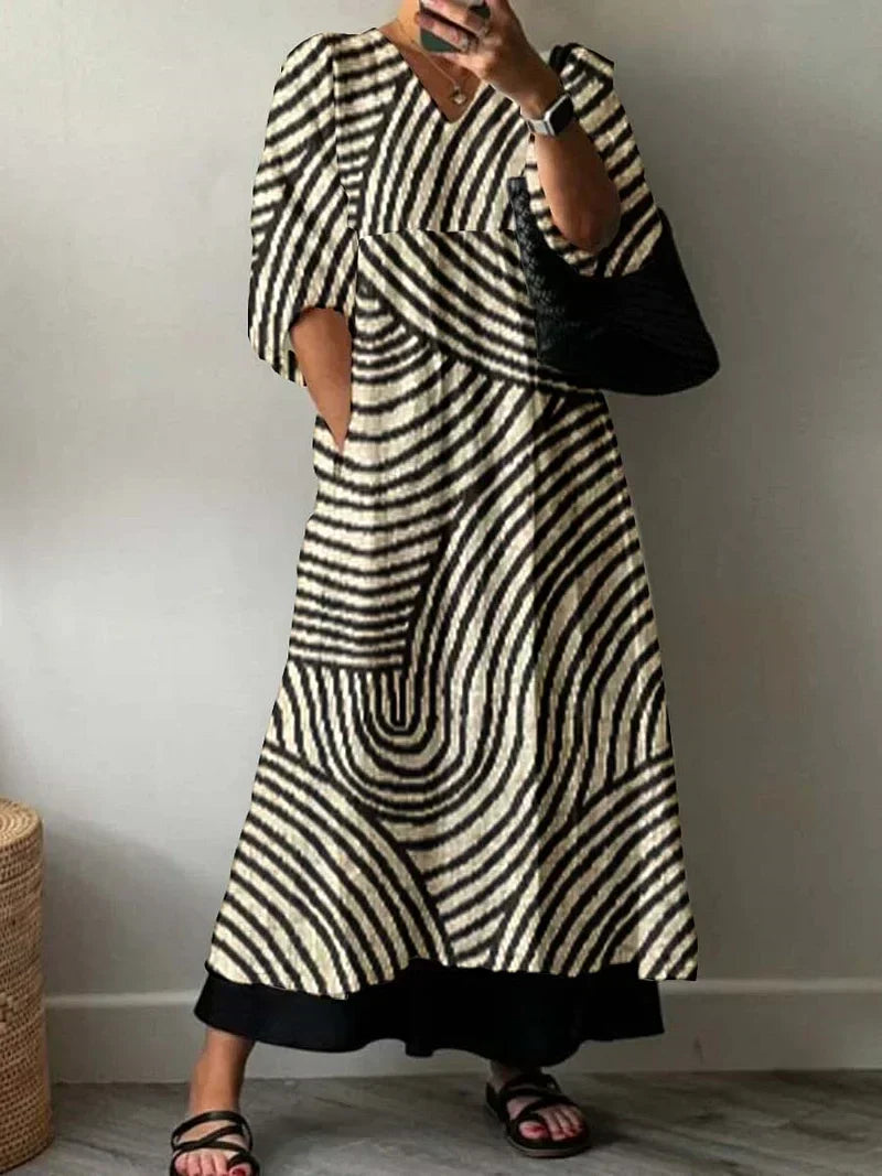 Abstract Swirl Stripe V-Neck Contrast Hem Maxi Dress