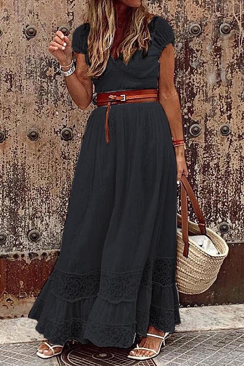 Eyelet V-Neck Puff Sleeve Gathered Waist Tiered Floral Maxi Dress - View 2
