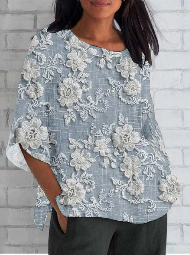 Floral Round Neck Three Quarter Sleeve Relaxed Blouse 2