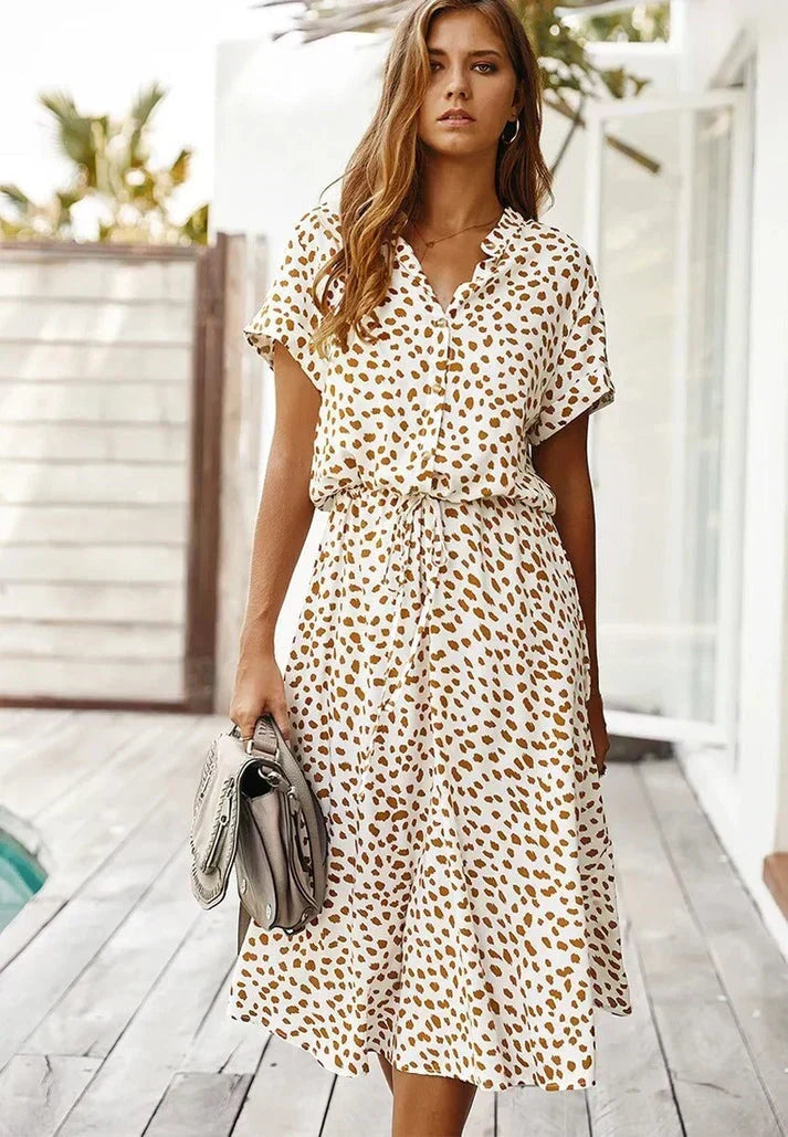 Animal Print Collared Short Sleeve Drawstring Midi Shirt Dress