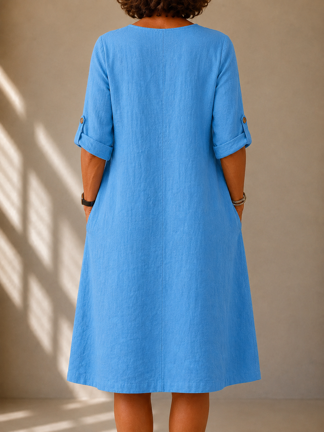 Notch Neck Long Sleeve Pocket Shift Midi Dress 2