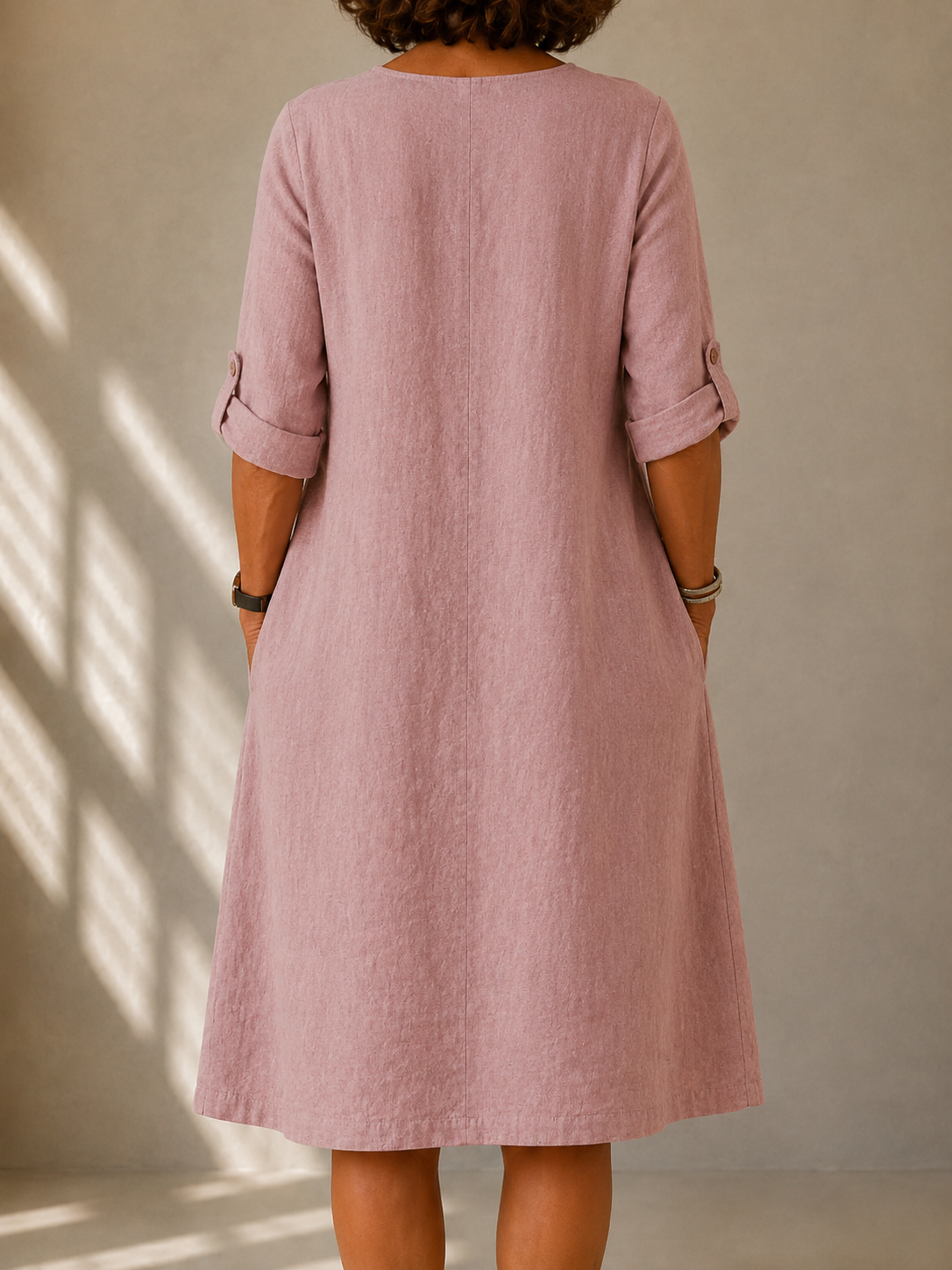 Split Neck Long Sleeve Linen Look Shift Midi Dress 2
