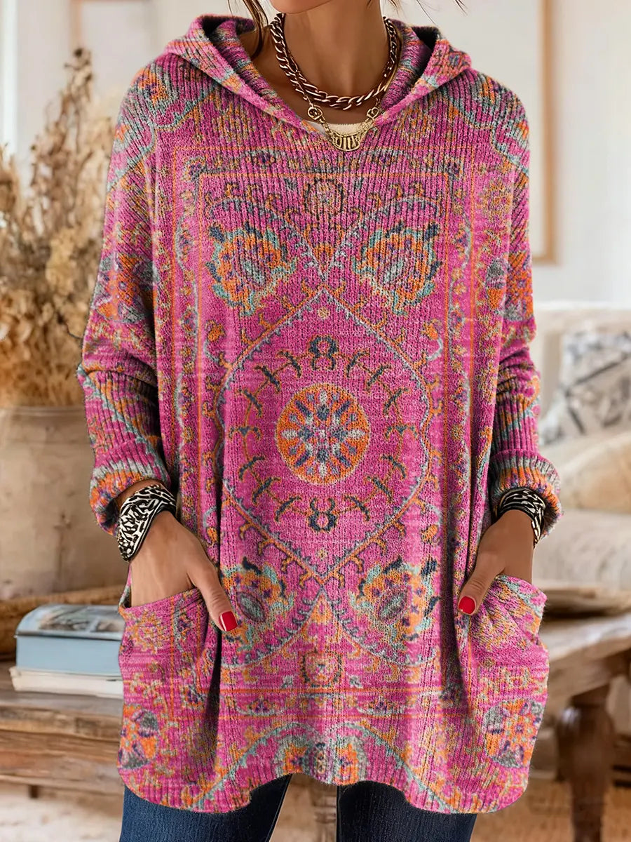 Medallion Print Hooded Oversized Tunic Sweater 2