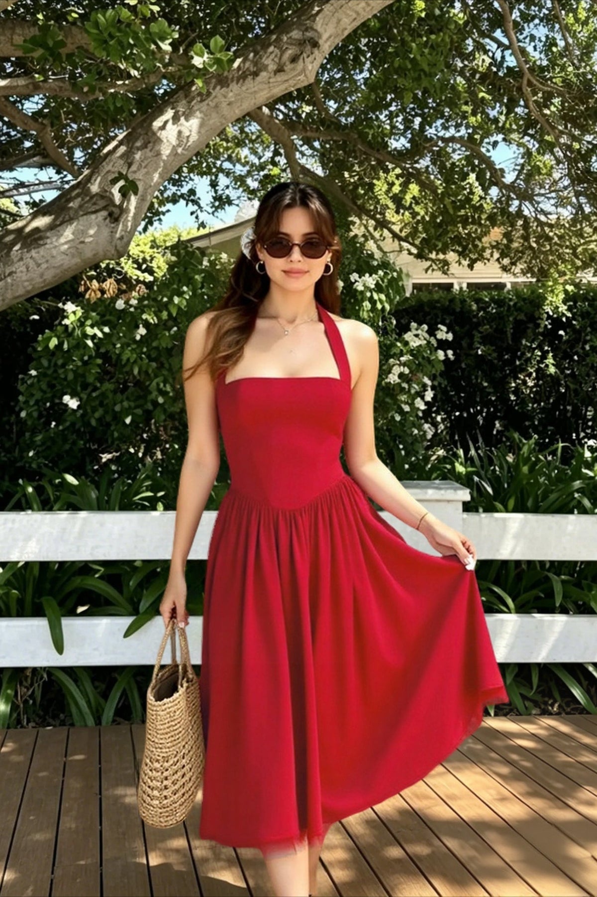 Halter Neck Square Neck Fit and Flare Midi Party Dress - View 8