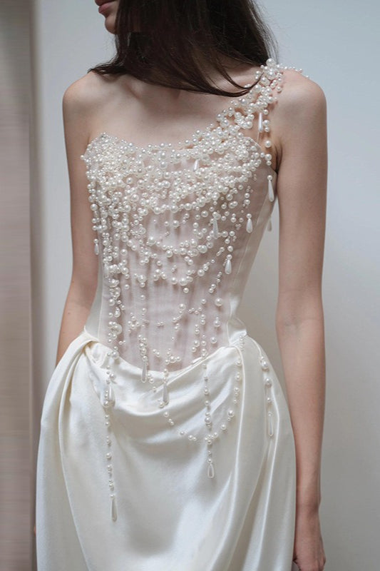 One Shoulder Pearl Beaded Corset Satin Maxi Gown