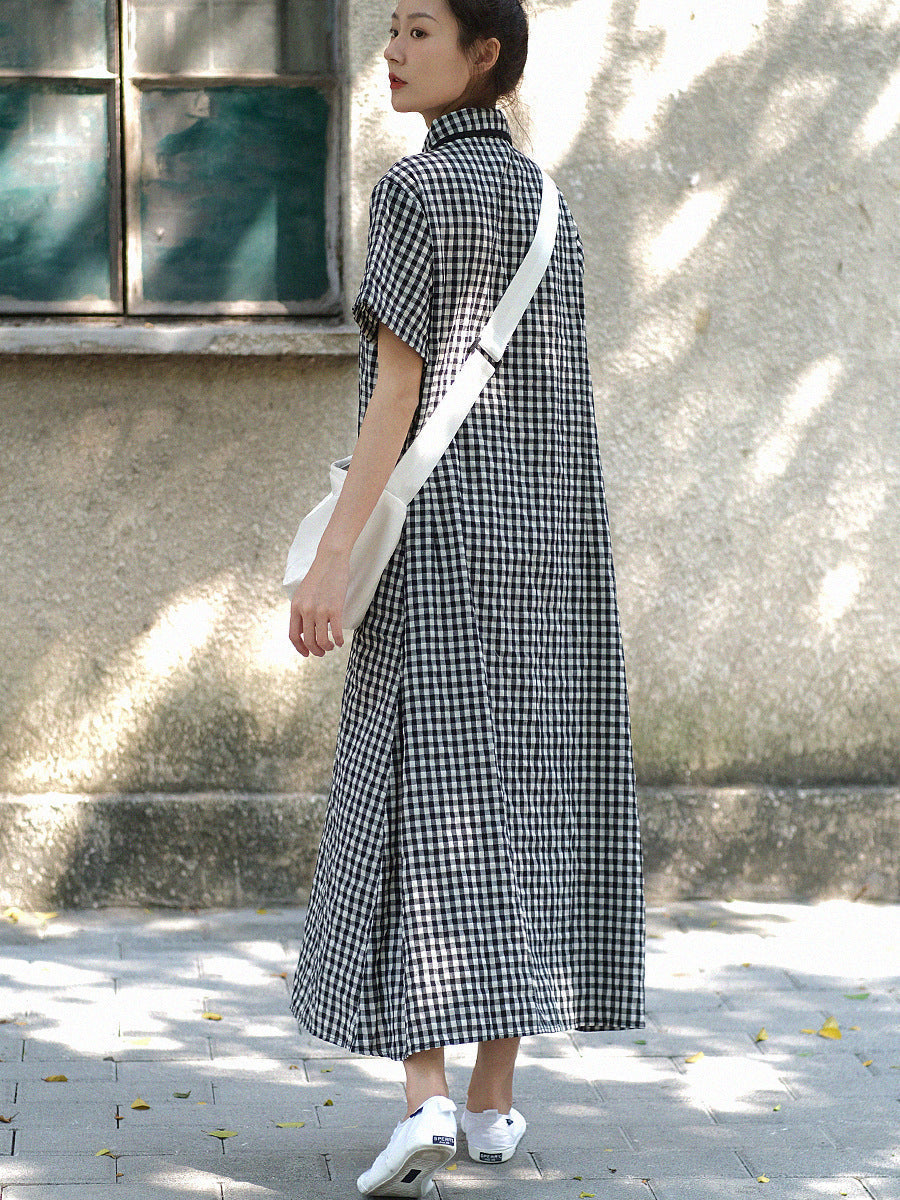 Gingham Check Mandarin Collar Frog Button Short Sleeve Maxi Dress - View 7