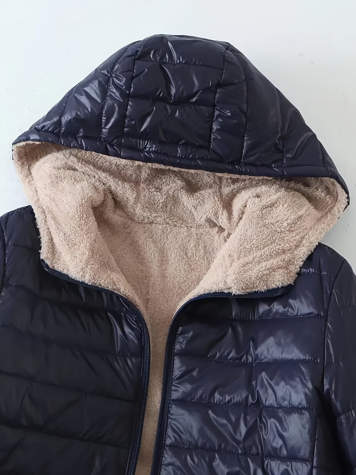 Hooded Fleece Lined Zip Front Longline Puffer Jacket 7