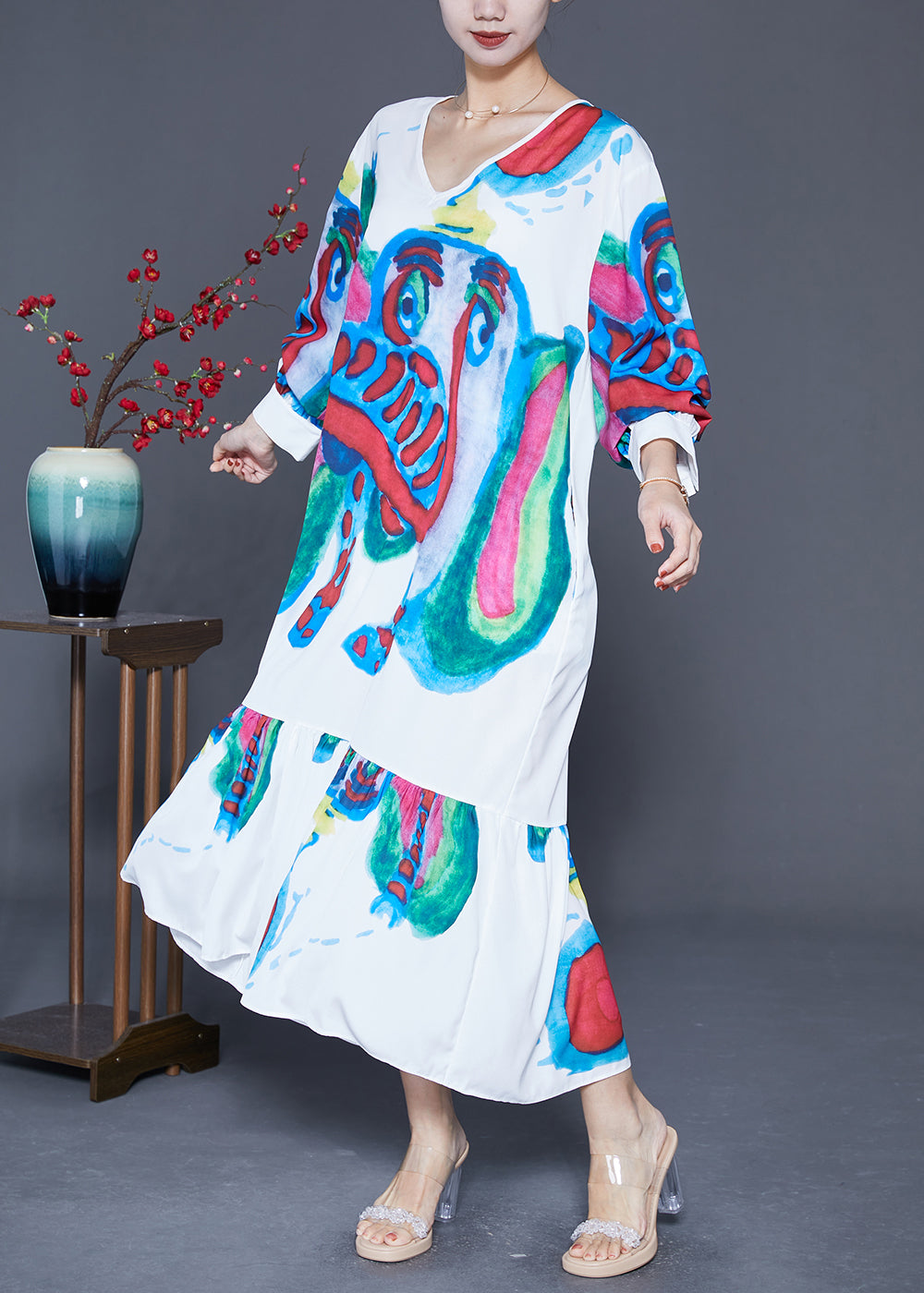 Abstract Print Long Sleeve V-Neck Tiered Ruffle Oversized Maxi Dress - View 3