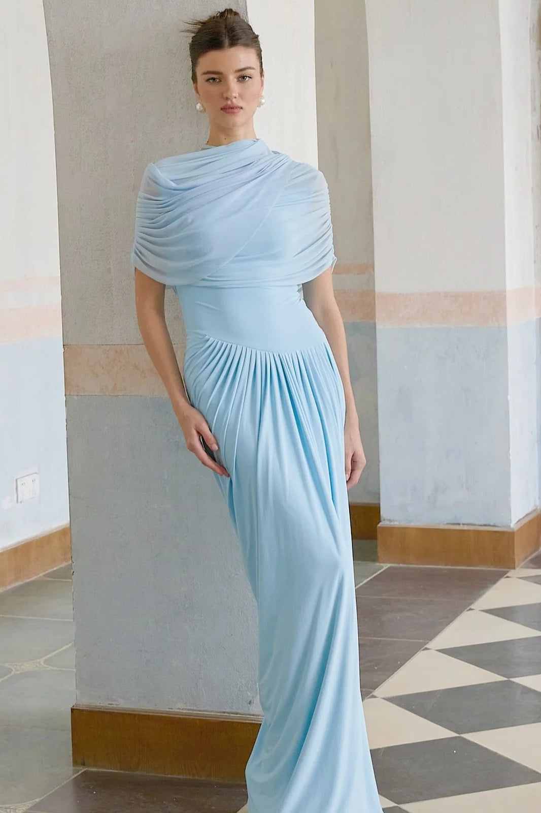 High Neck Draped Ruched Short Sleeve Maxi Gown - View 3