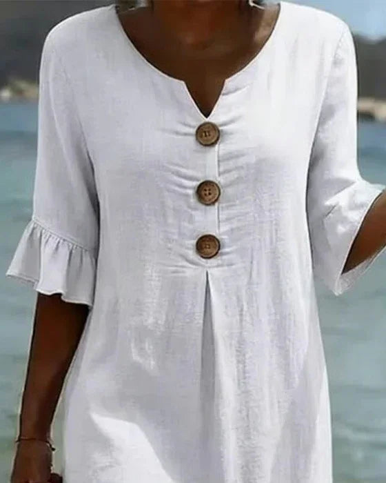 V-Neck Button Front Ruffle Sleeve Midi Dress 2