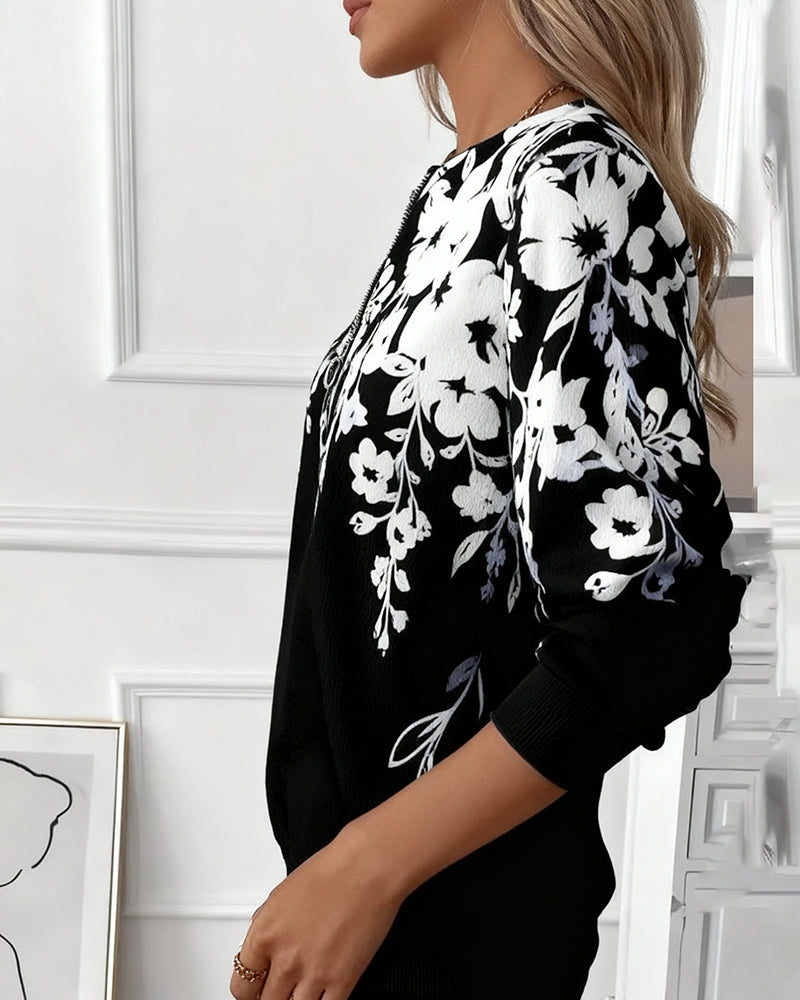 Floral Print Quarter Zip Long Sleeve Sweatshirt 2