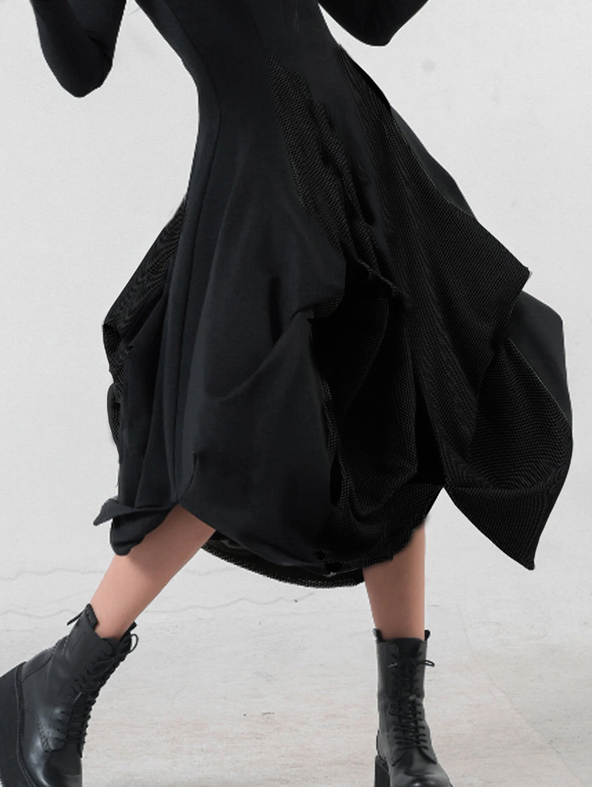 High Neck Thumbhole Long Sleeve Mesh Panel Bubble Hem Midi Dress - View 3