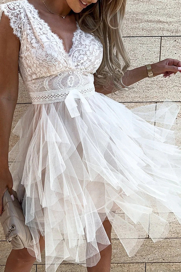 Lace V-Neck Tiered Tulle Fit and Flare Mini Dress - View 6