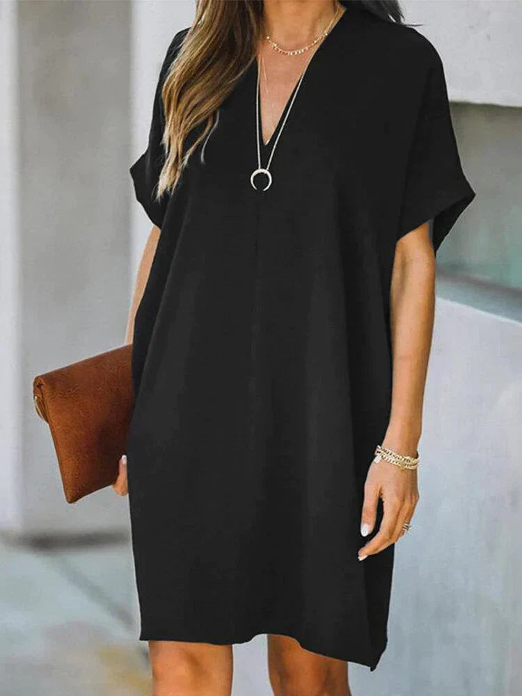 Deep V-Neck Short Sleeve Shift Mini Dress