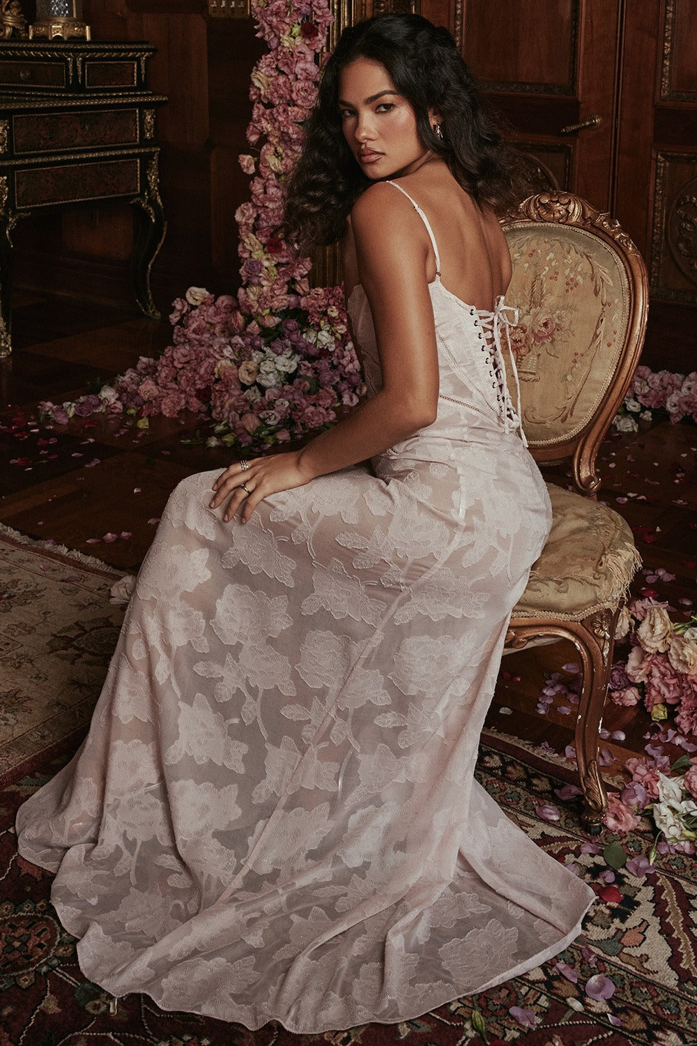 Lace Spaghetti Strap Corset Flowy Maxi Dress - View 9