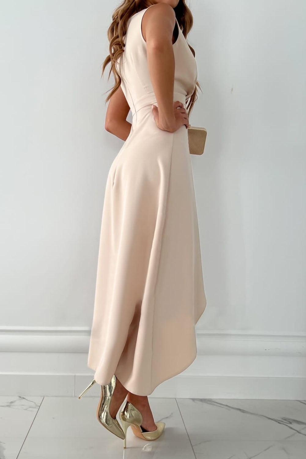 Satin Deep V-Neck Wrap High Low Ruffle Hem Cocktail Midi Dress - View 2