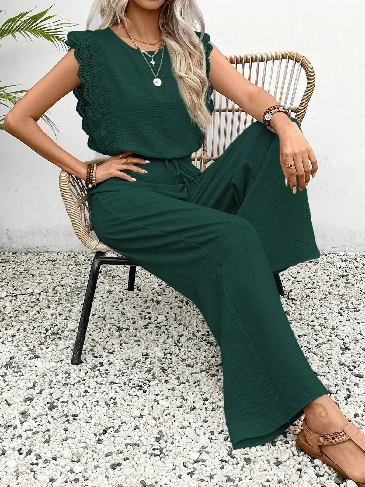 Round Neck Lace Trim Cap Sleeve Wide Leg Jumpsuit 17