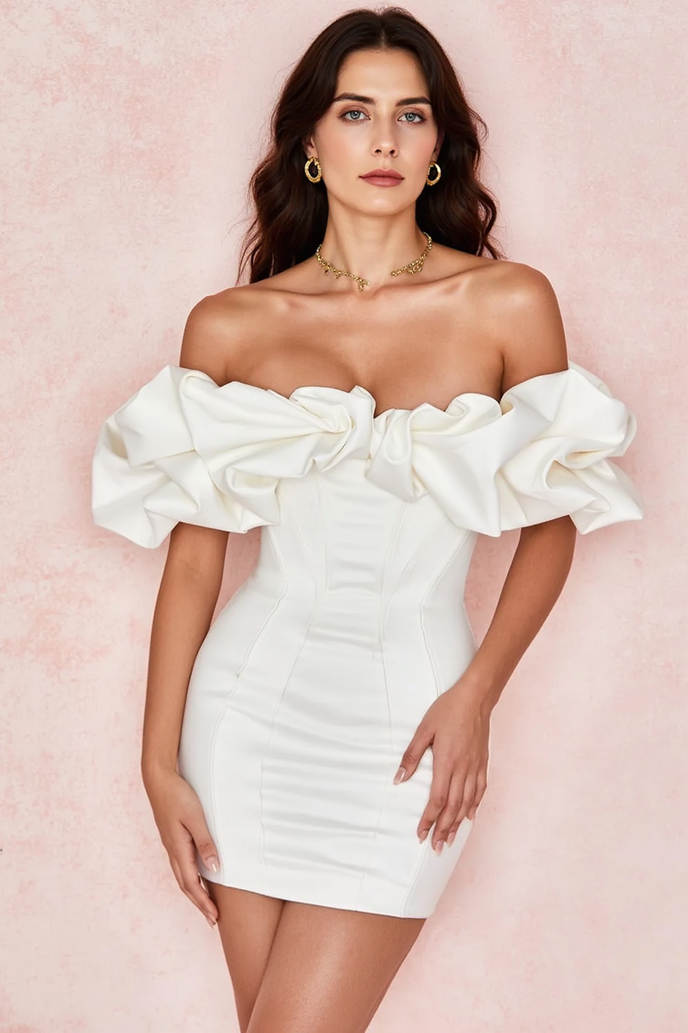 Off Shoulder Ruffle Boned Bodycon Mini Dress