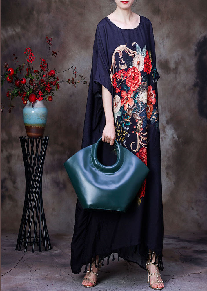 Vertical Floral Embroidery Batwing Sleeve Round Neck Maxi Dress - View 3