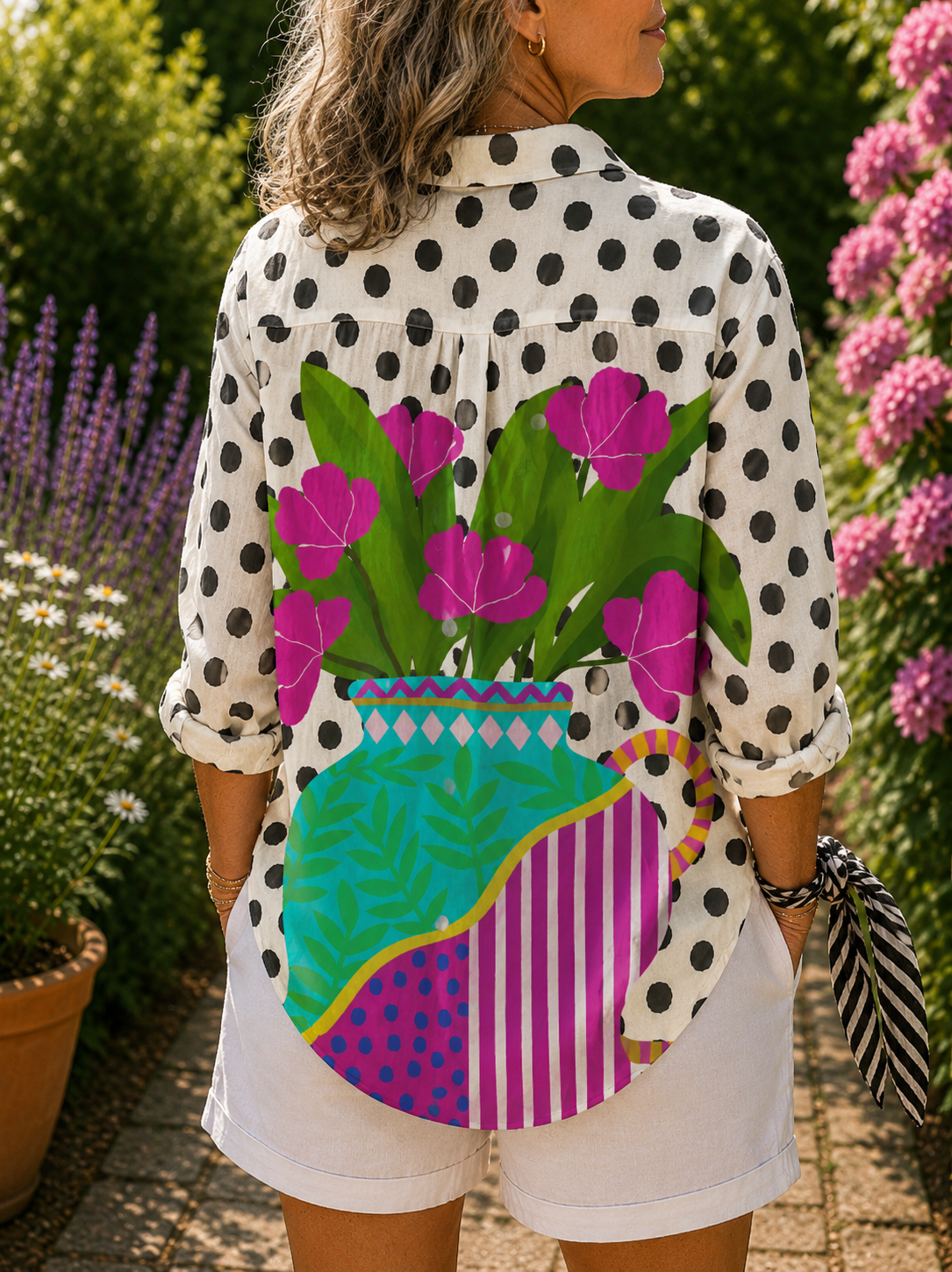 Polka Dot Floral Vase Print Long Sleeve Button Up Shirt 2