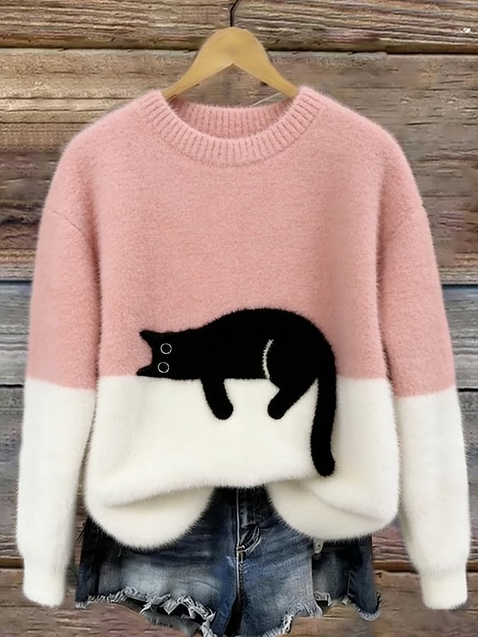 Cat Print Colorblock Crew Neck Fuzzy Sweater 2