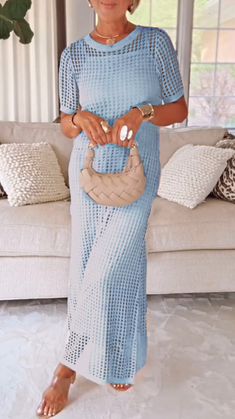 Crochet Hollow Out Short Sleeve Knit Maxi Cover Up Dress 5