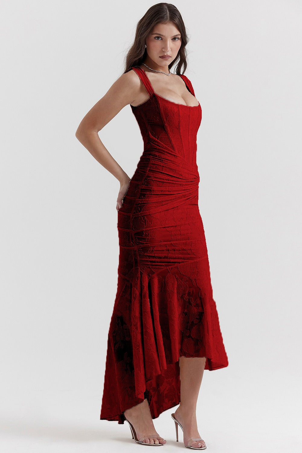 Jacquard Square Neck Corset Ruched Mermaid Gown - View 13