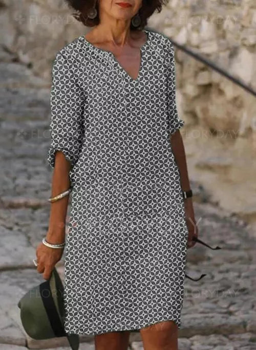 Geometric Print Notched V-Neck Three Quarter Sleeve Shift Knee Dress - View 2