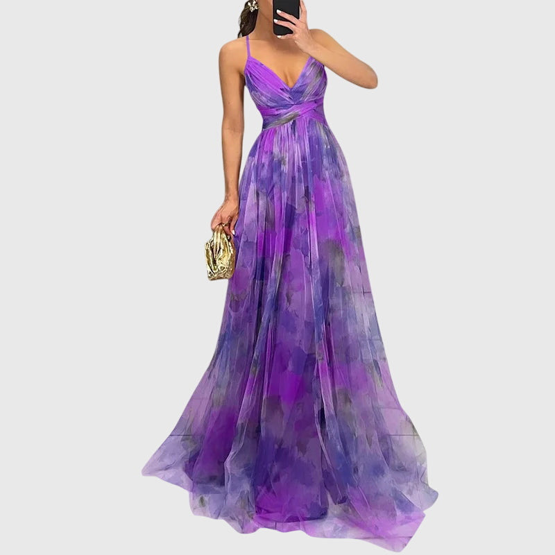 Floral V-Neck Spaghetti Strap Tulle High Split Maxi Gown 9