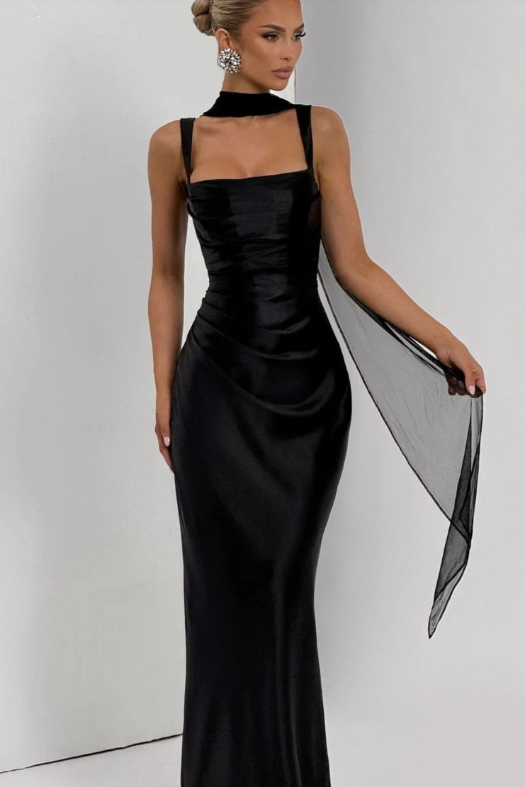 Satin Square Neck Ruched Slim Fit Maxi Prom Dress - View 10