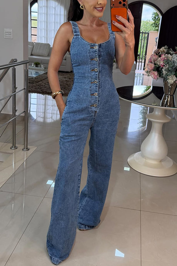 Square Neck Button Front Wide Leg Denim Jumpsuit 2