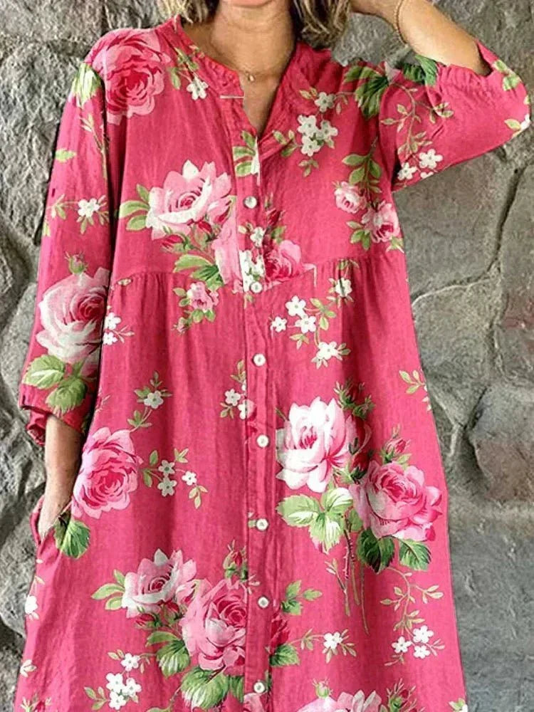 Rose Floral Button Front Long Sleeve Maxi Dress 4