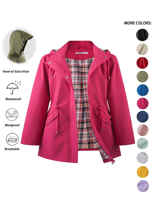 Hooded Zip Front Drawstring Waist Rain Jacket 10