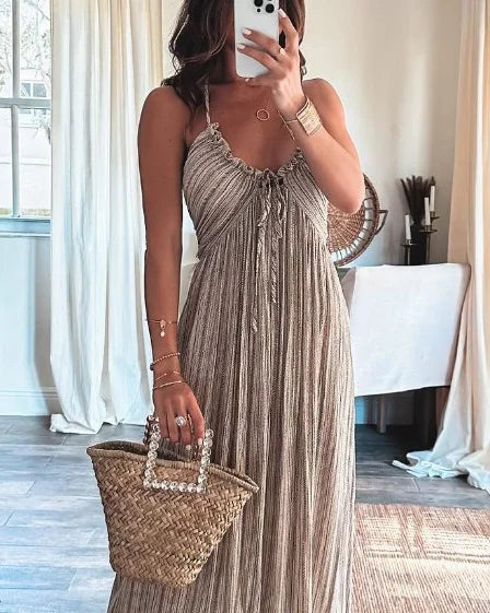 Pinstripe Halter V-Neck Ruffle Drawstring Empire Waist Maxi Dress - View 5
