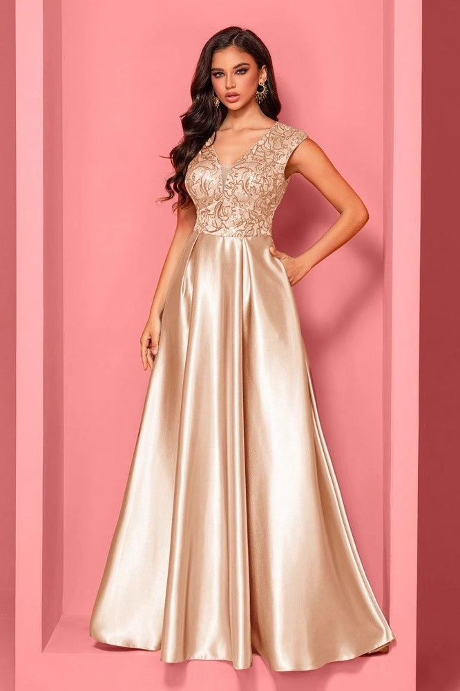 Embellished V-Neck Cap Sleeve Satin A-Line Maxi Dress