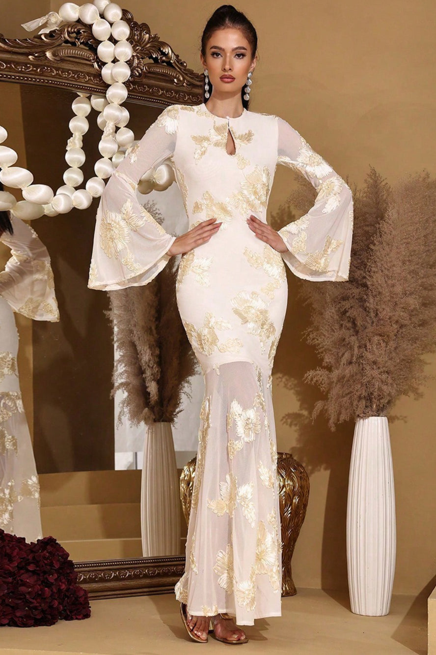 Embroidered Mesh Keyhole Bell Sleeve Mermaid Gown - View 5