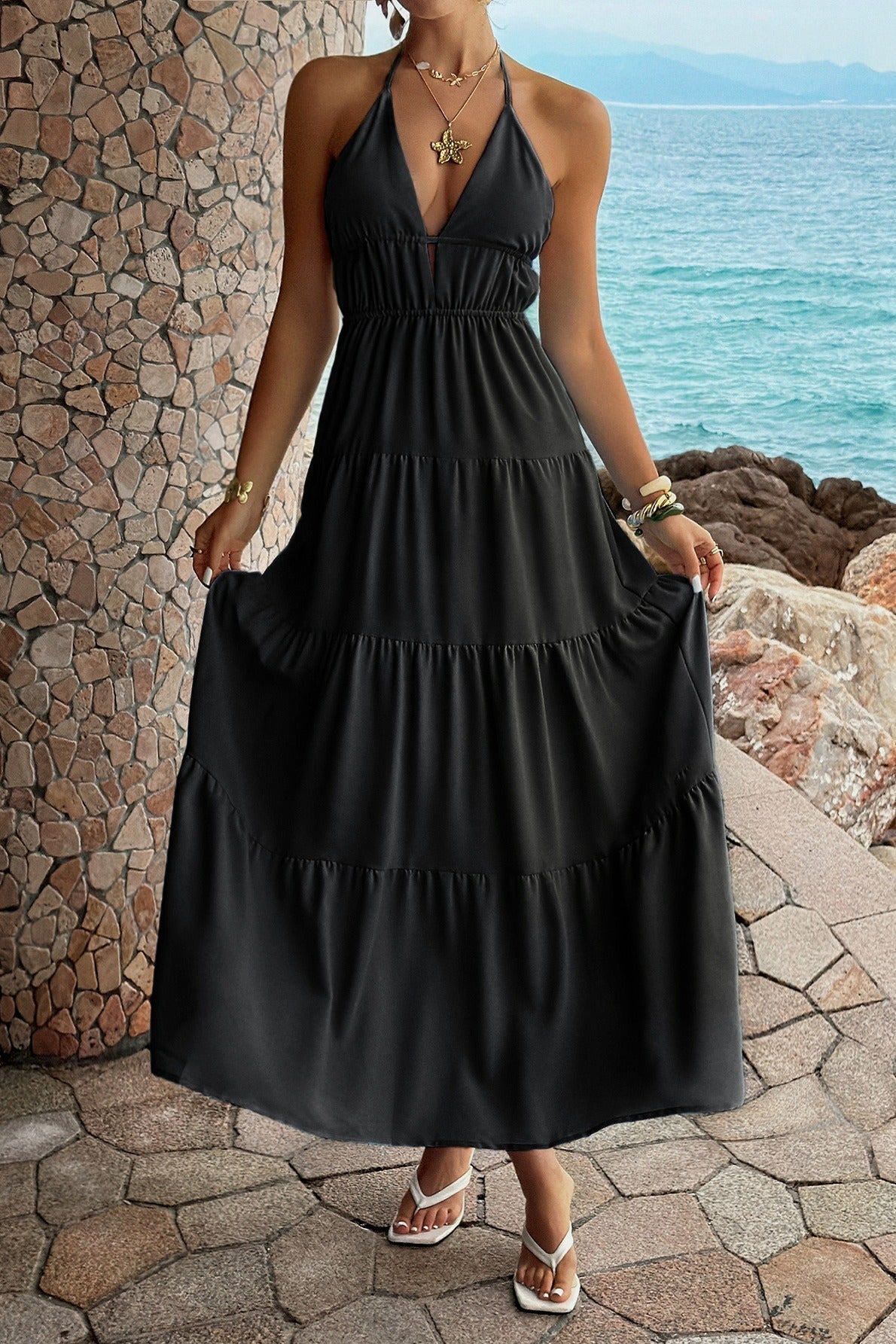 Halter Neck Deep V-Neck Backless Tiered Maxi Dress 7