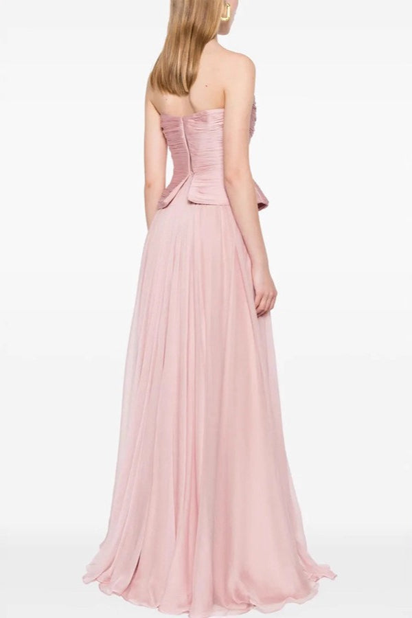 Chiffon Strapless Ruched Peplum A-Line Maxi Gown - View 2